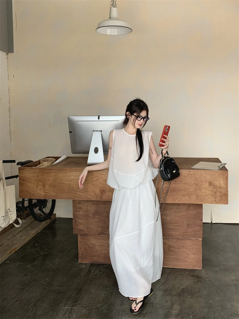 

Kumikumi Summer New Style Women's Fashion Sleeveless round Neck Thin Vest And Long Skirt Two-Piece Set High Waist Straight Cut