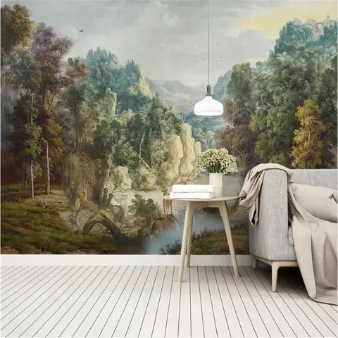 European Retro Palace Pastoral Forest Oil Painting Custom Wallpaper Nostalgic Medieval Hand-Painted Rainforest Background Mural