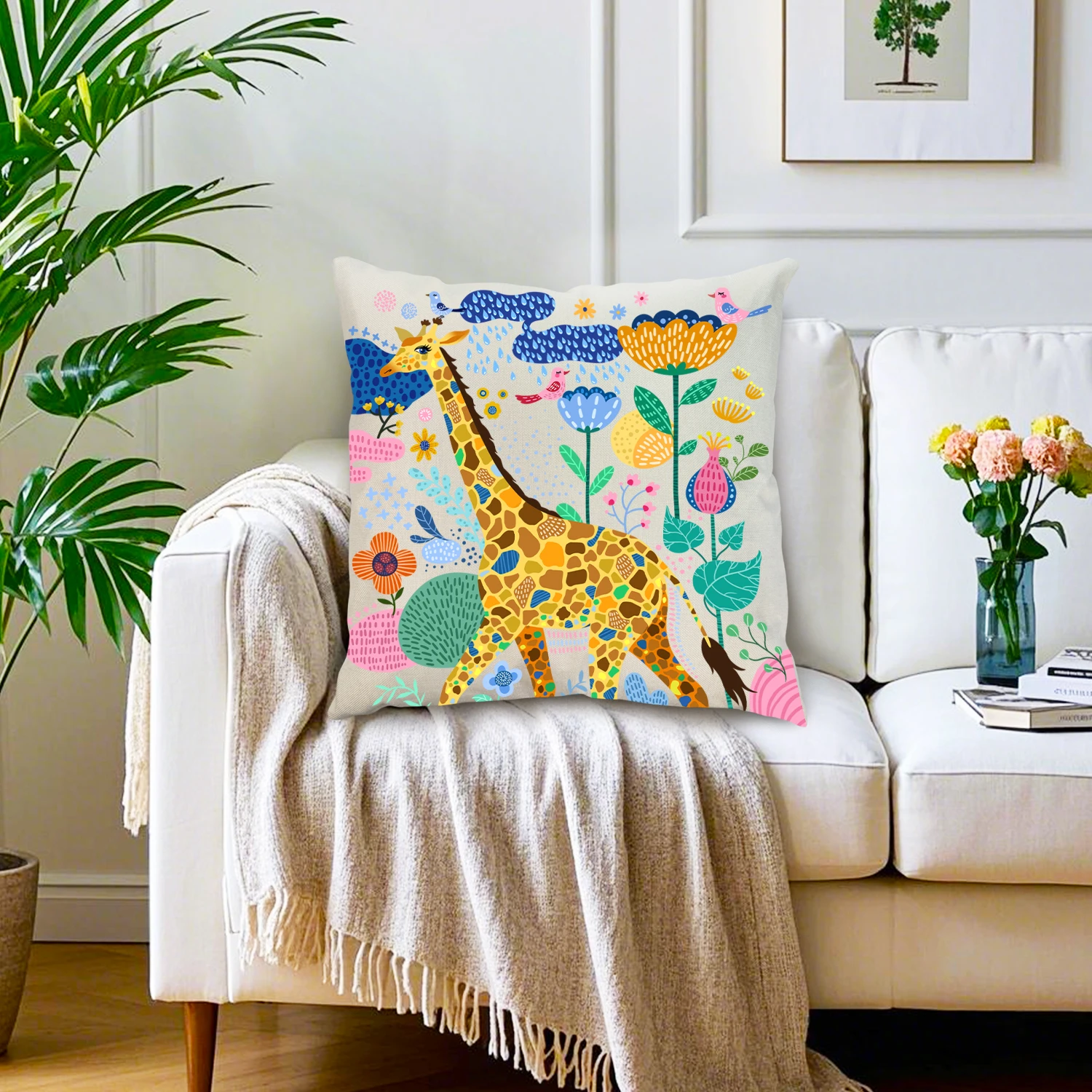 Giraffe Throw Pillow Cover Linen Floral Botanical Animal Art Cushion Case Rustic Farmhouse Decor Sofa Couch Living Room Bedroom