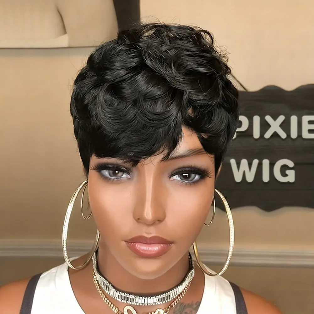 

Парики пикси для повседневного использования, человеческие волосы, плотность 150%, парик пикси, короткие вьющиеся машинные волосы, 6 дюймов, натуральный черный цвет для женщин
