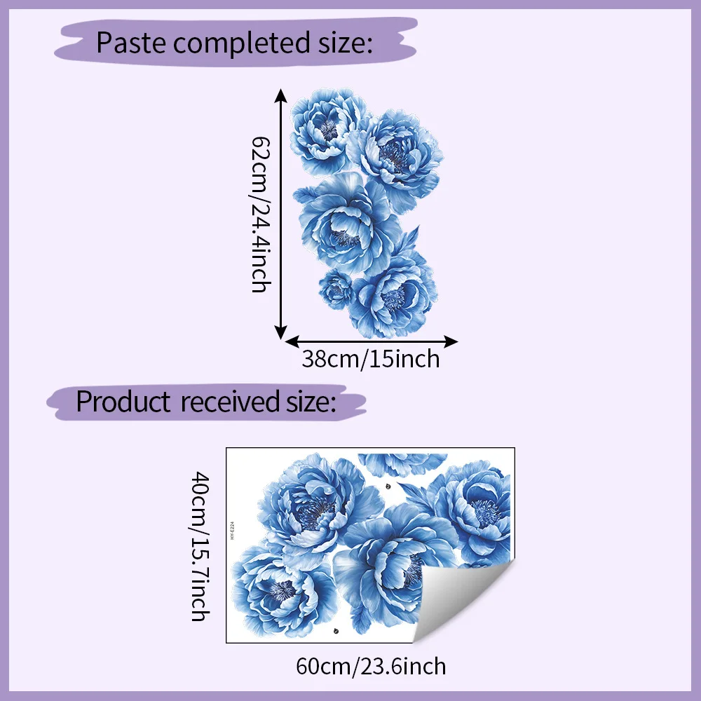 Blue peony flower leaves, bedroom, living room, entrance hall, home decoration, wall wallpaper, self-adhesive