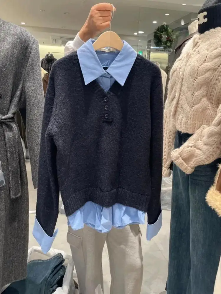 

Женский сине-серый лоскутный элегантный пуловер с длинными рукавами, свитер на пуговицах, осень-зима, фестиваль, универсальные свободные короткие вязаные топы