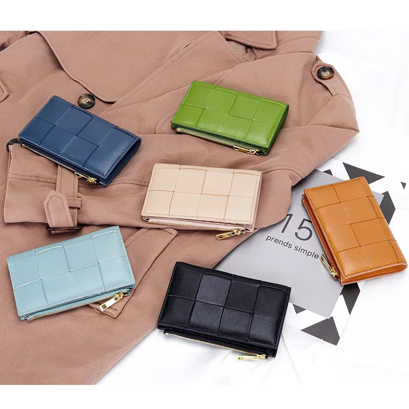 

2023 New Sheepskin Card Holder Wallet Multifunctional Women Business Card Organizer Case Box Coin Purse Woven Leather Cardbag