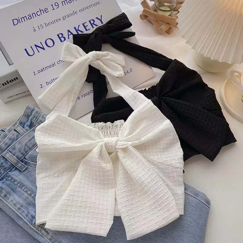 Girls 2026 Summer New Korean Neck Hanging Strap Strapless Vest Children Short Waist Exposed Bow Vest