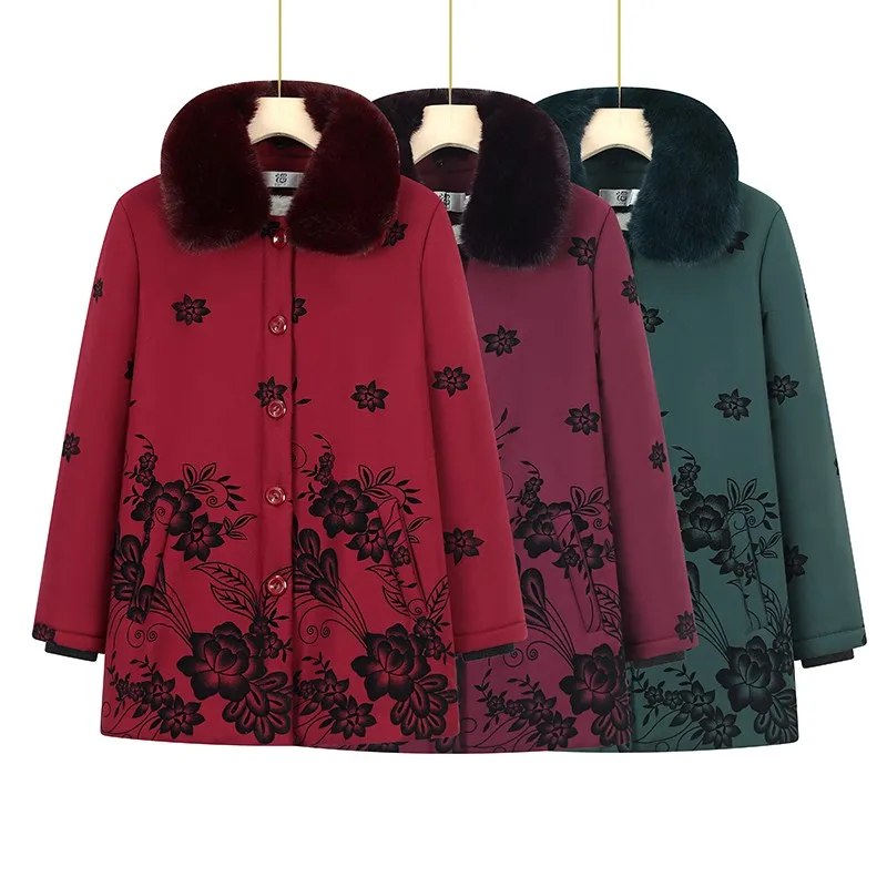 

Mother's Cotton Jacket Winter Middle-Aged Old Women's Flocking flowers Velvet Cotton Coat Thickened Parka