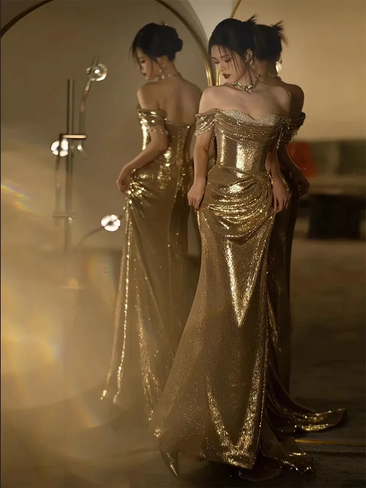 Lautaro Spring Praty Birthday Evening Dresses Woman Off Shoulder Backless Elegant Luxury Prom Floor Length Gold Sequin Dress