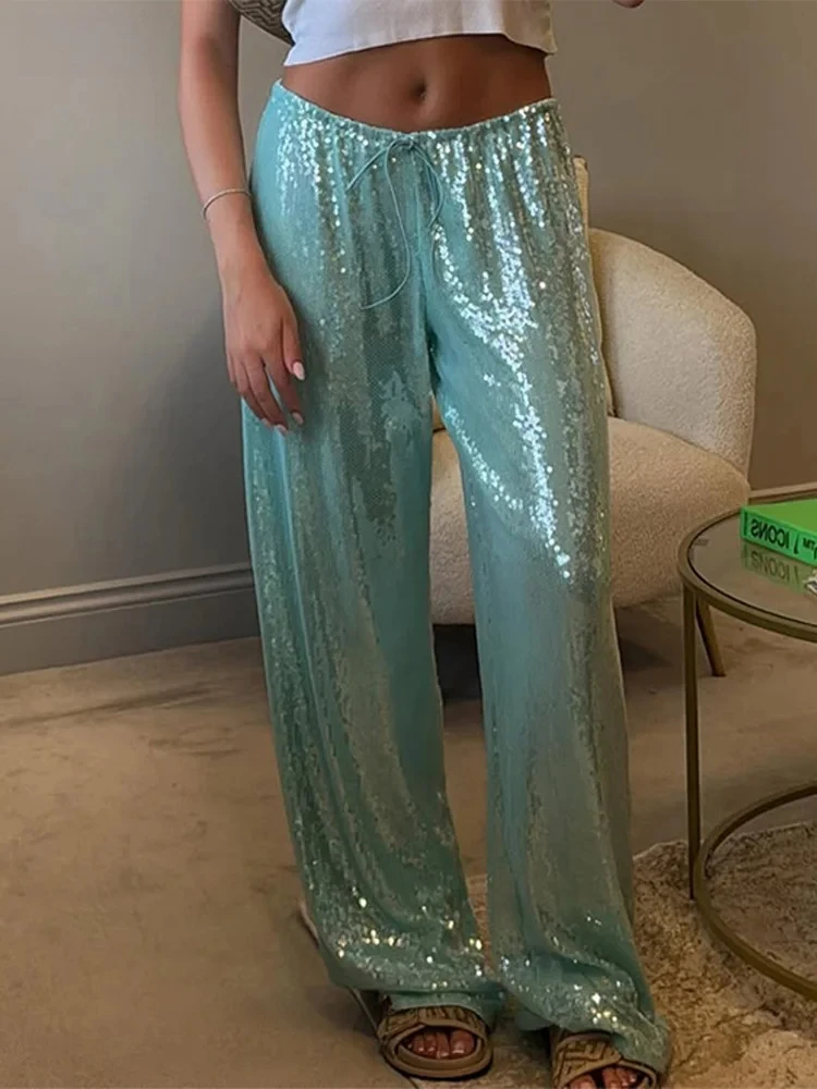 Street Sequin Lace Up Pants Women Elastic Low Waist Wide Leg Trousers Female 2025 Spring Summer Lady Shiny Party Club Clothes