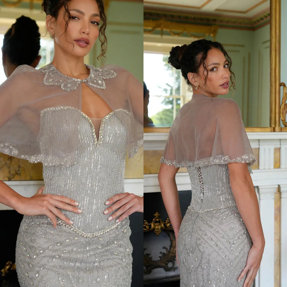 Luxury Silver Beaded Mermaid Dress with Sheer Tulle Capelet and Crystal Detail Women Gala Evening Gown Customized B262899