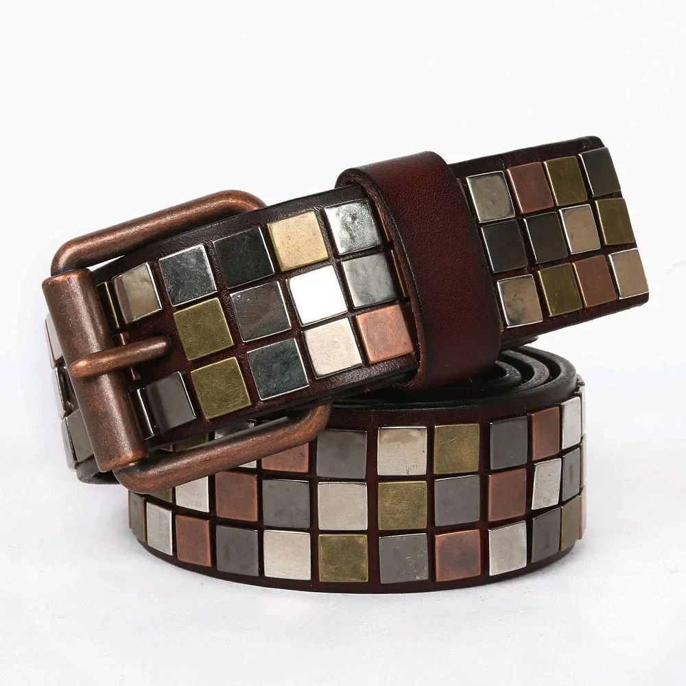 New Style Genuine Leathe  Belt with Square Ornament Rivets Design Cowhide Fashion Leather