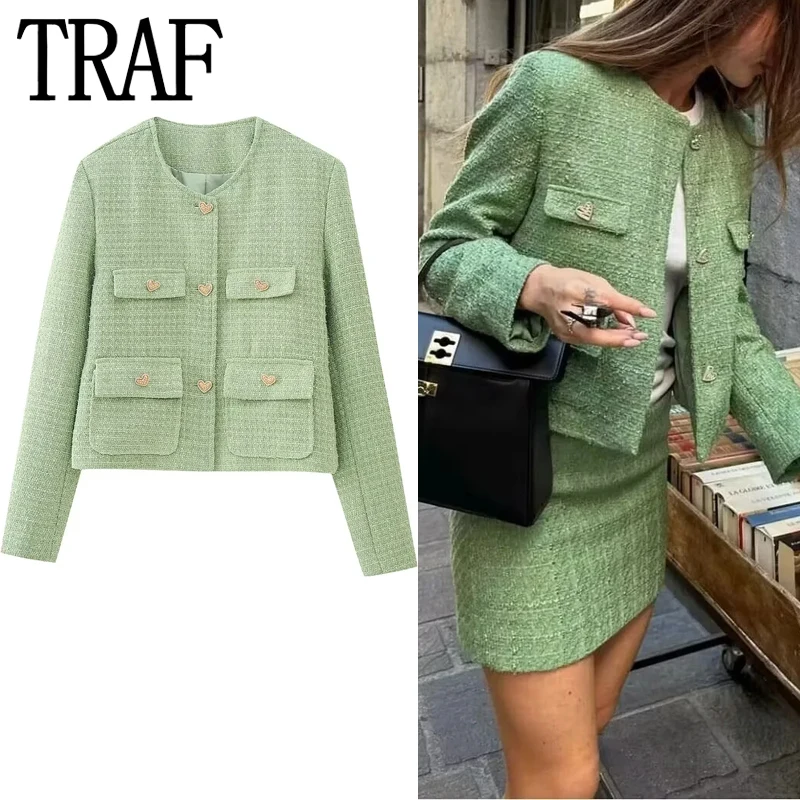 TRAF 2023 Green Tweed Jacket Women Vintage Cropped Jacket Woman Fashion Autumn Elegant Womens Jackets Long Sleeve Short Coats