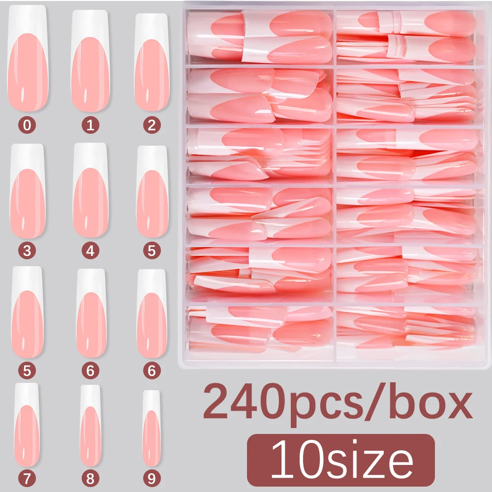 

240pcs Nude Long Square Press On Nails Simple White French Tip Fake Nails Ready-Made Ballet Reusable False Manicure Tips Supplie
