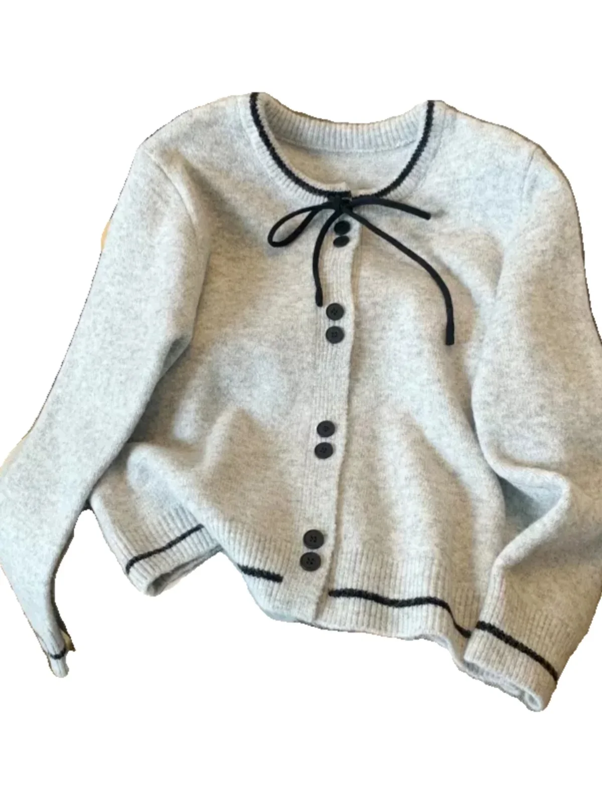 French sle Lace-up Bow Knit cardigan Women Spring and Autumn Gentle Temperament Loose Graceful Sweater Bottoming Shirt Top