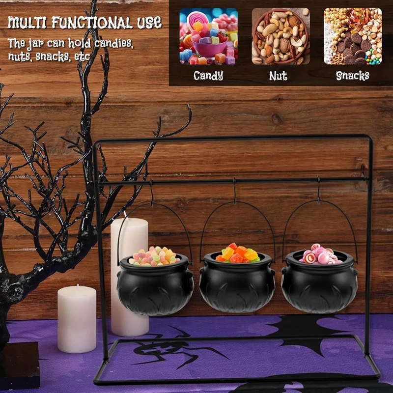 Halloween Cauldron Decor,9Pcs Cauldron Pot, Witches Cauldron Serving Bowls On Rack, Halloween Candy Bowl Candy Holder