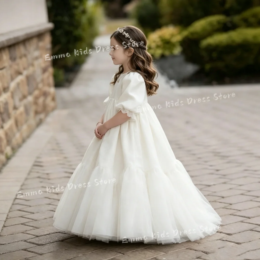 Robe en tulle à volants et manches bouffantes en satin blanc personnalisée pour demoiselle d'honneur, mariage, communion, concours de beauté