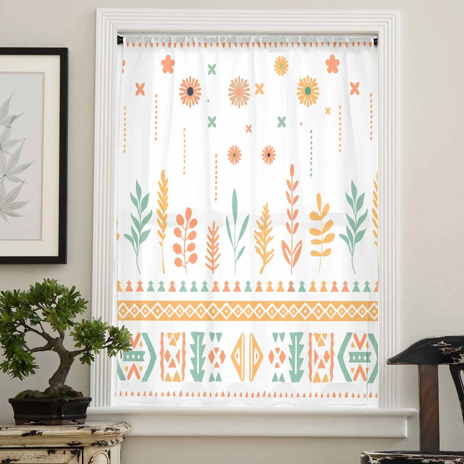 Aztec Navajo Flower Grass Tribe Sheer Curtains for Living Room Printed Tulle Window Curtain Luxury Home Balcony Decor Drapes