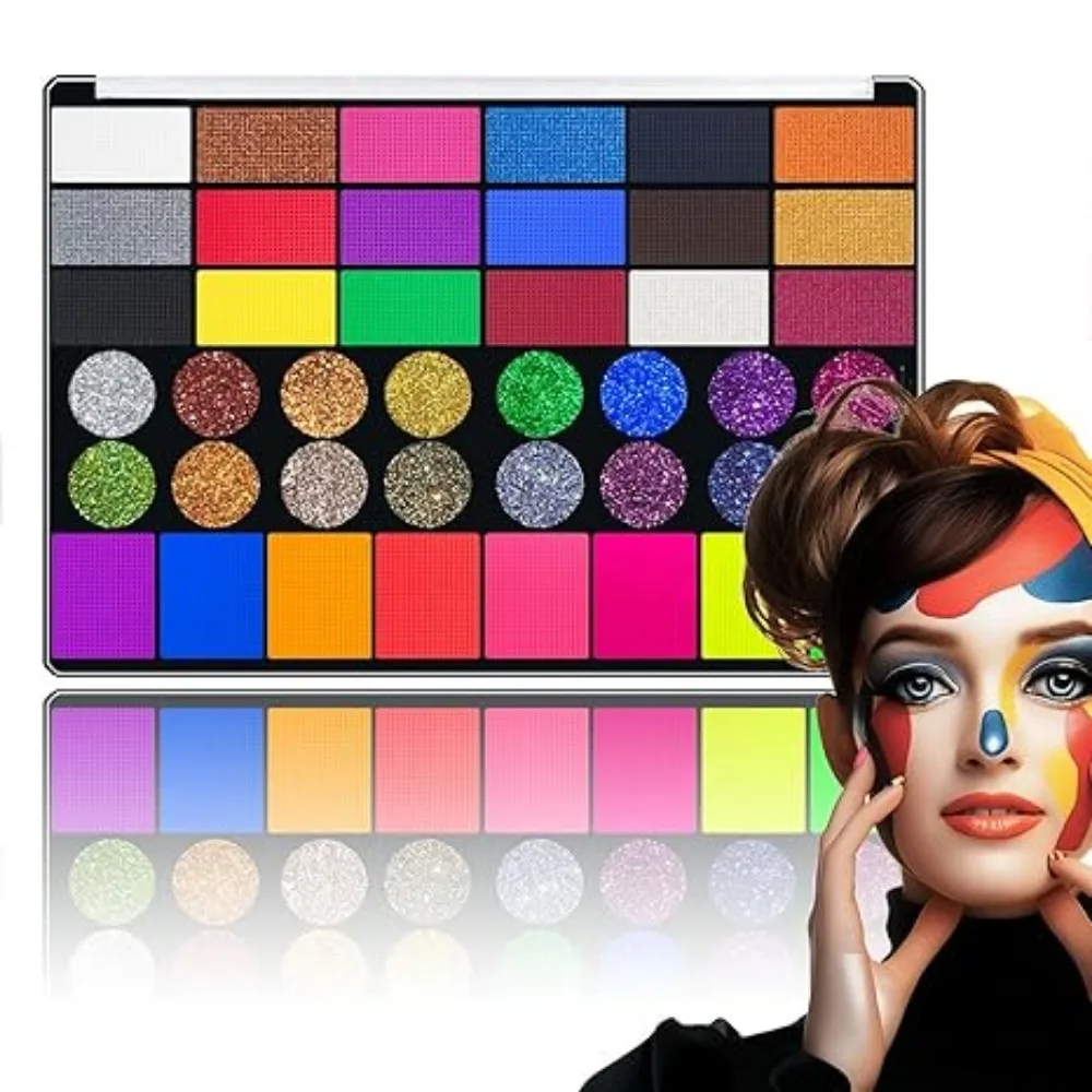 42-color body watercolor paints fulfill creative needs. White pearlescent fluorescent sequins add dreamy glow to face painting!