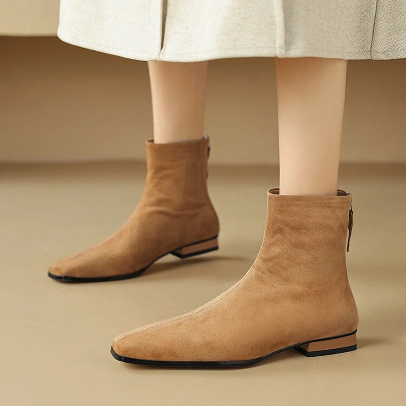 NEW Autumn/Winter Women Boots Square Toe Low Heel Shoes Sheep Suede Leather Shoes for Women Concise Zip Short Boots Modern Boots