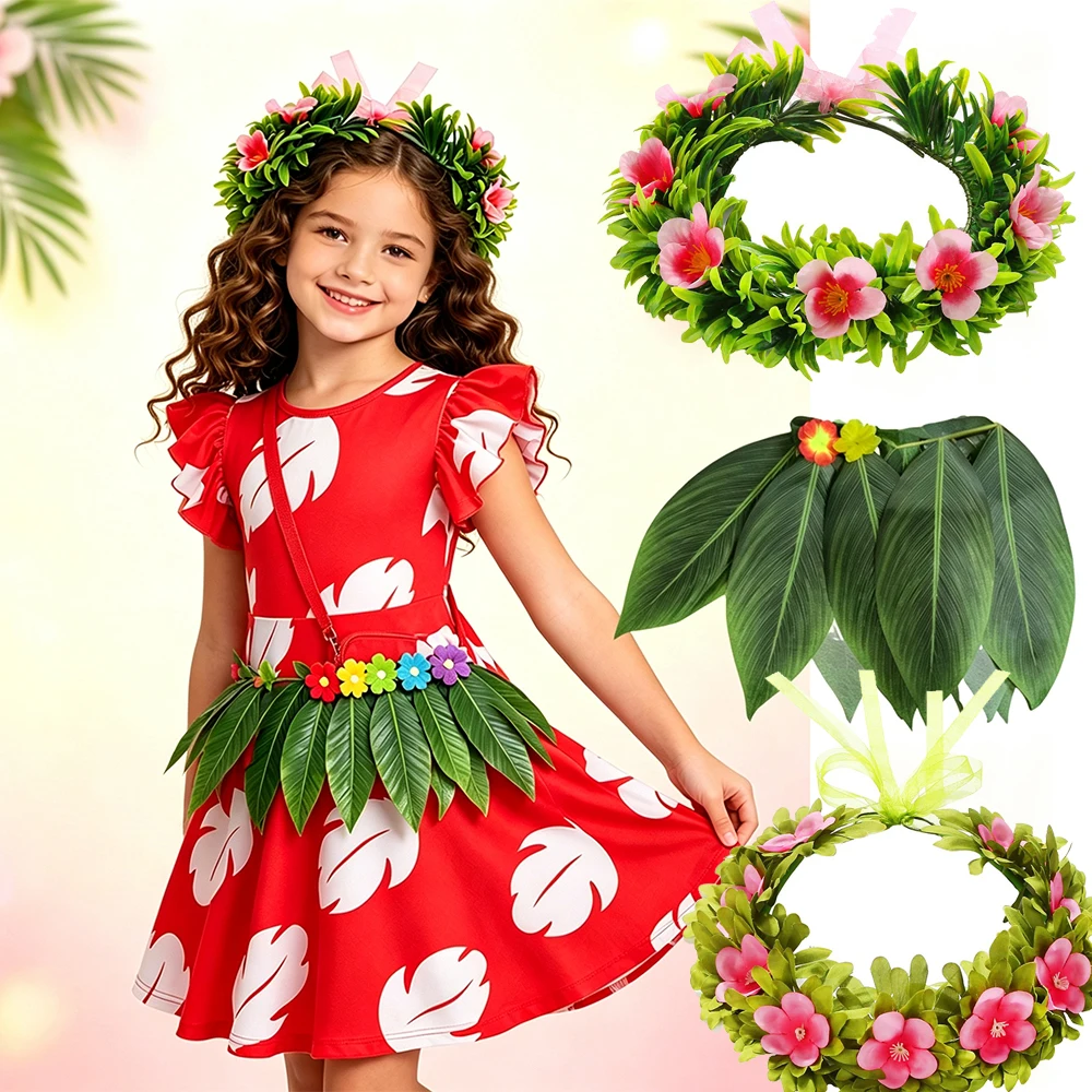 Hawaiian Lilo Accessories Costume Dress Up Set Flower Wreath Bag Leaf Green Necklace Bracelet for Girls Halloween Birthday Gift
