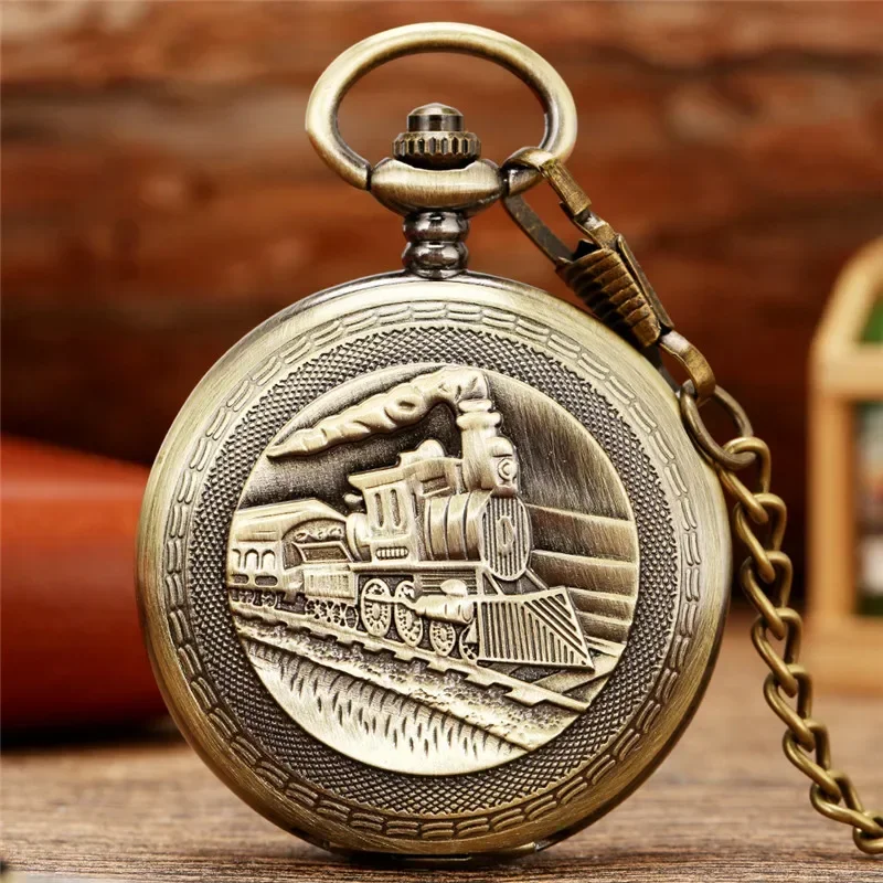 Steampunk Railway Steam Train Pattern Men Women Hand Wind Mechanical Pocket Watch FOB Chain Double Hunter Pendant Chain Clock