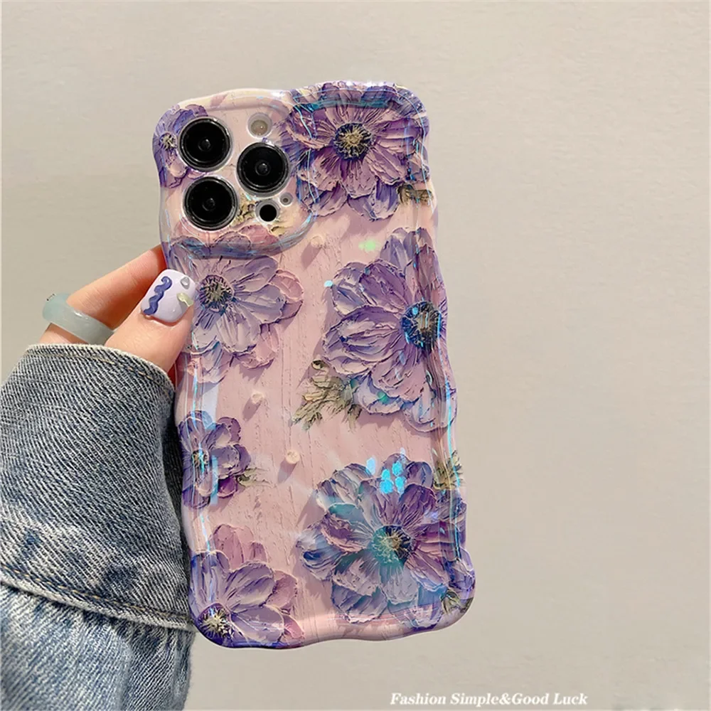 Luxury Laser Oil Painting Flowers Phone Cases For iPhone 11 12 13 14 15 Pro Max Shockproof Soft Bumper Back Cover Shell