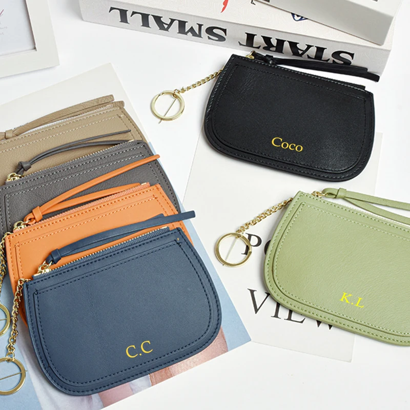 Genuine Leather Woman Slim Coin Purse Luxury Designer Custom Initials Key Chain Cowhide Fashion Coin Wallet Business Card Holder