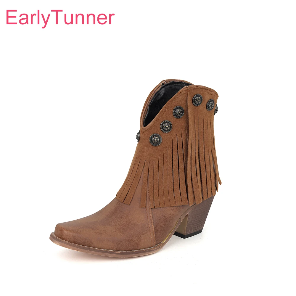 2026 Autumn Fashion Western Ankle Boots for Women High Chunky Heel Lady Tasell Shoes Large Small Plus Size 11 33 46