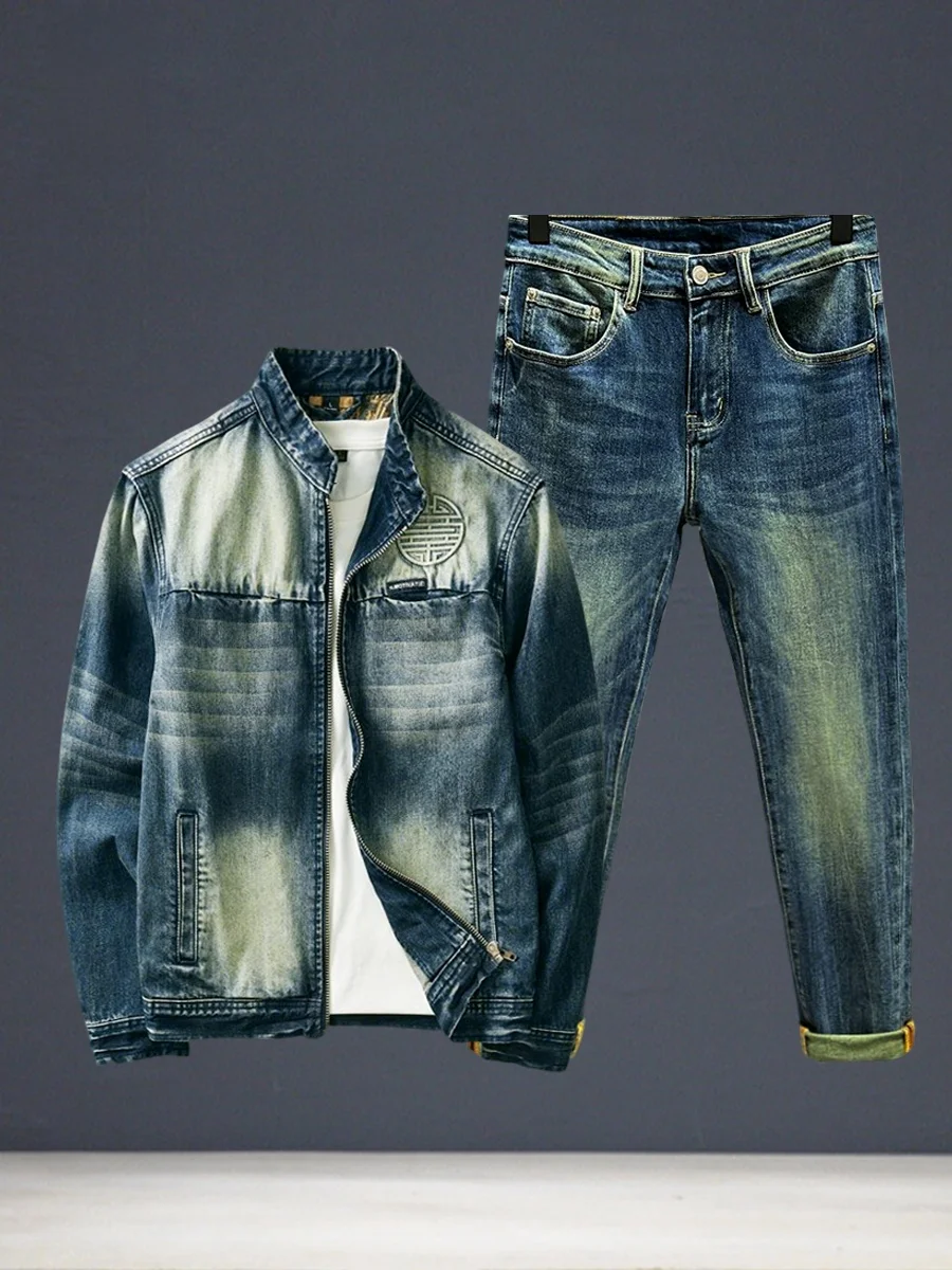 

Retro American Denim Set Men's Autumn Winter Zipper Collar Jaet Casual Full Set Cotton Polyester Blend Long Sve irt