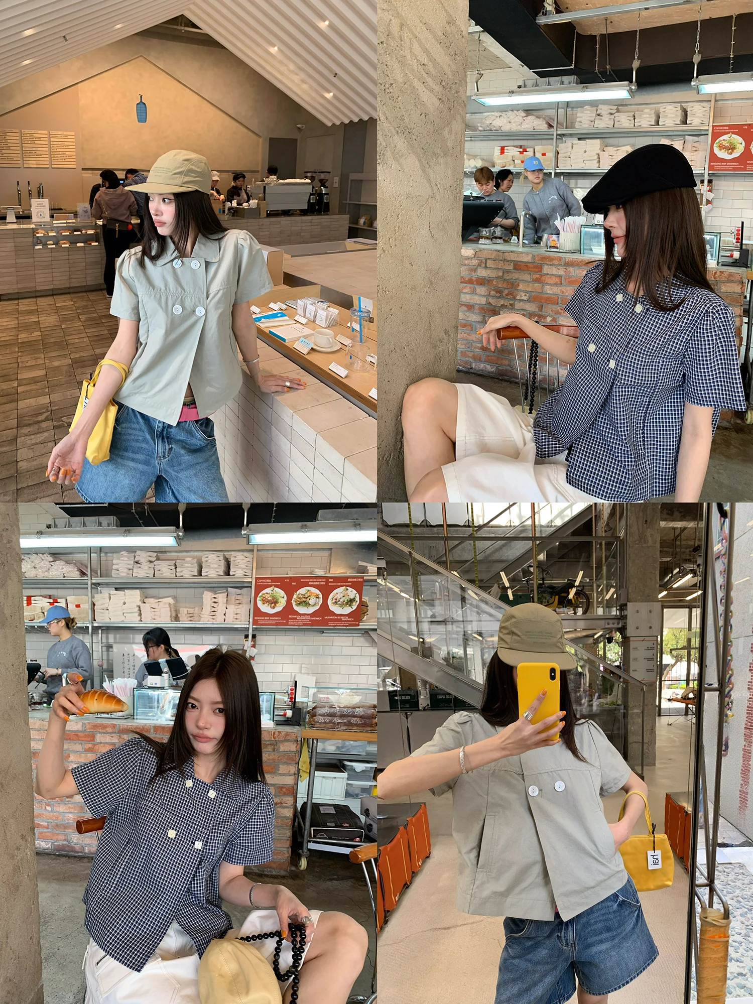 

Retro Style Short Sleeve Shirt Collar Design Slimming Effect Two Tone Versatile Doll Collar Dental Bracelet Large Wang