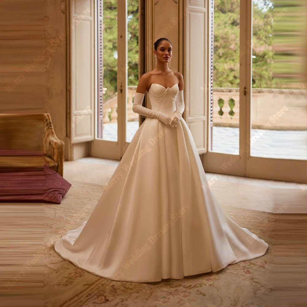 Schulterfreie A-Linie Damen Brautkleider Elegante rückenfreie Satin Brautkleider Party Robe De Mariée ohne Handschuhe Maßgeschneidert