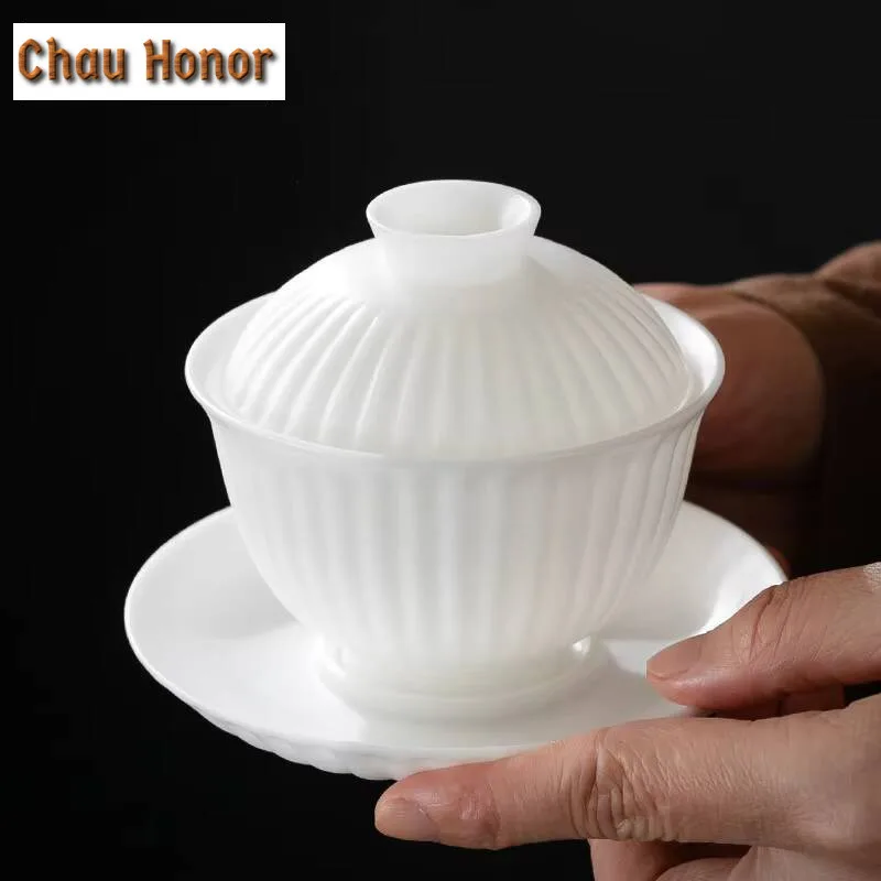 

160ml High End White Jade Porcelain Gaiwan Elegant Ice Seed Thin Body Tea Tureen Tea Brewing Cover Bowl Chinese Tea Set Craft