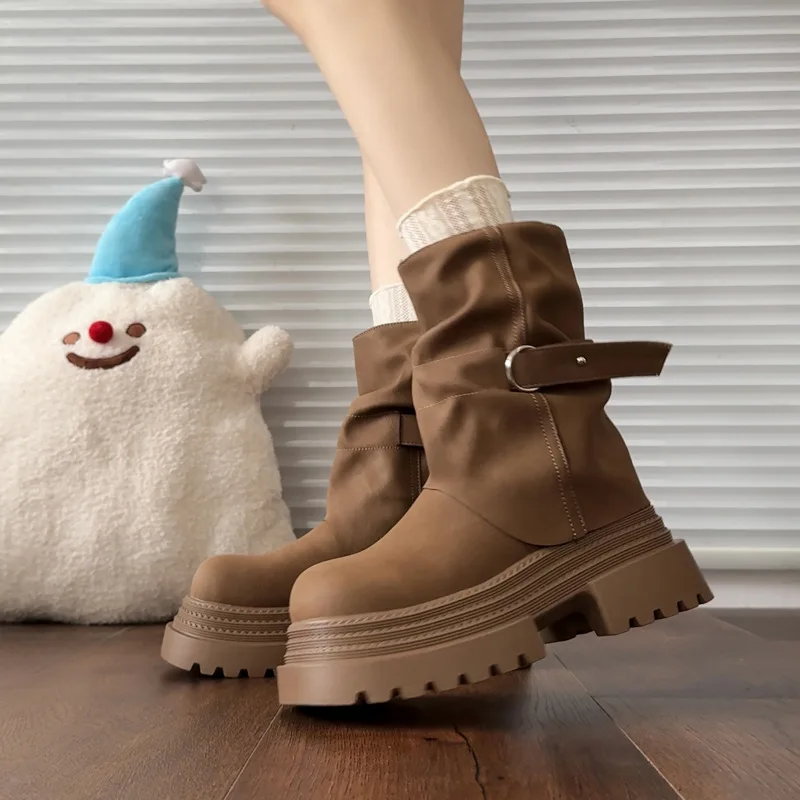 

retro fashion boots for women2025Autumn New British Style Thick-Soled Height-Increasing Ankle Boots Short Boots Slouch Boots
