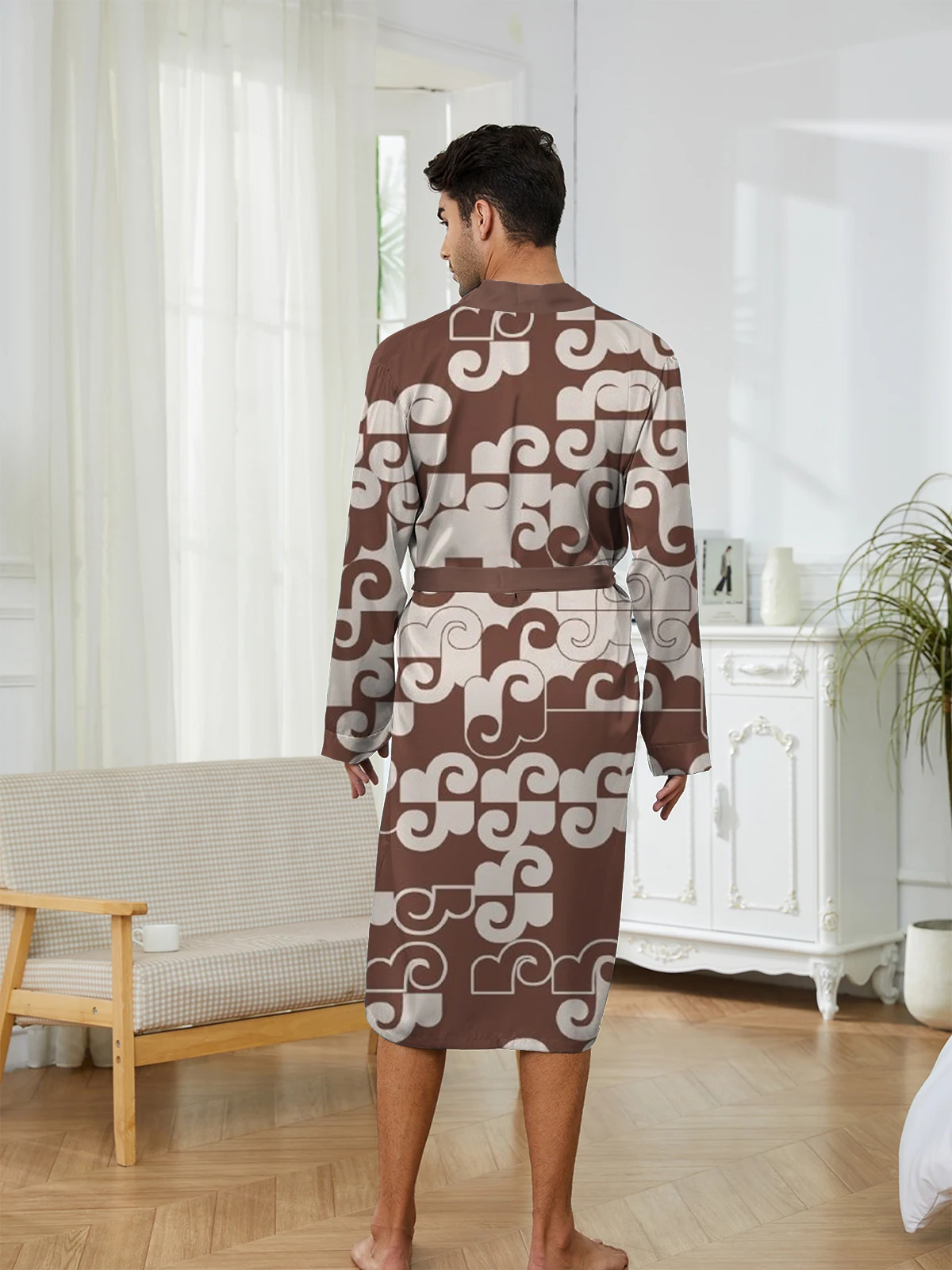 Spring and Autumn men's long robe, quick drying and casual, comfortable at home, digital printed trendy and fun sleeping robe.