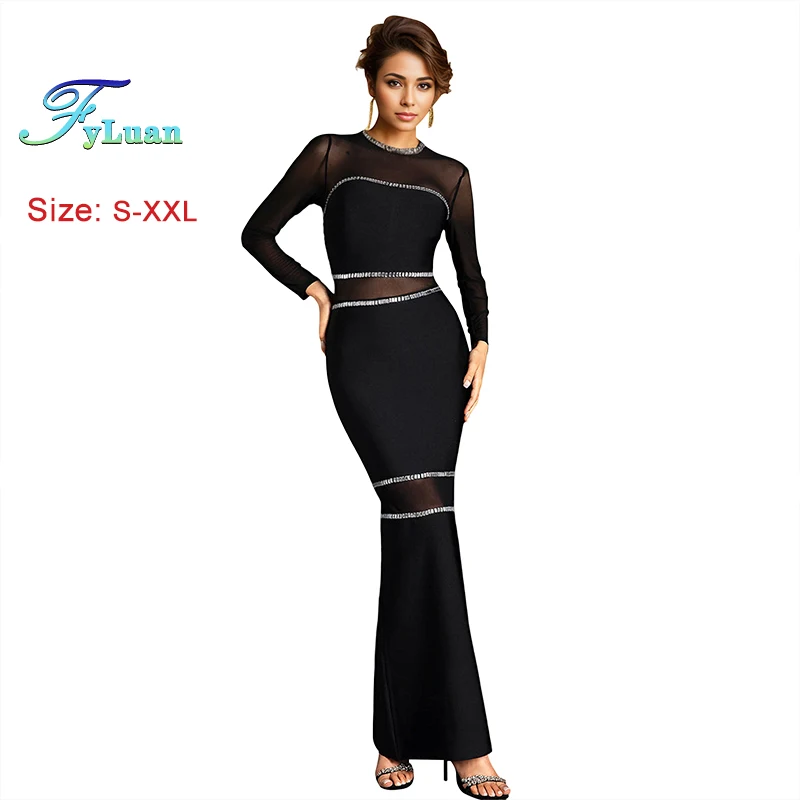 Mode Neue Cut Out Taille Langarm Frauen Lange Kleid Sheer Mesh Temperament O Neck Meerjungfrau Strass Perlen String Prom Kleider