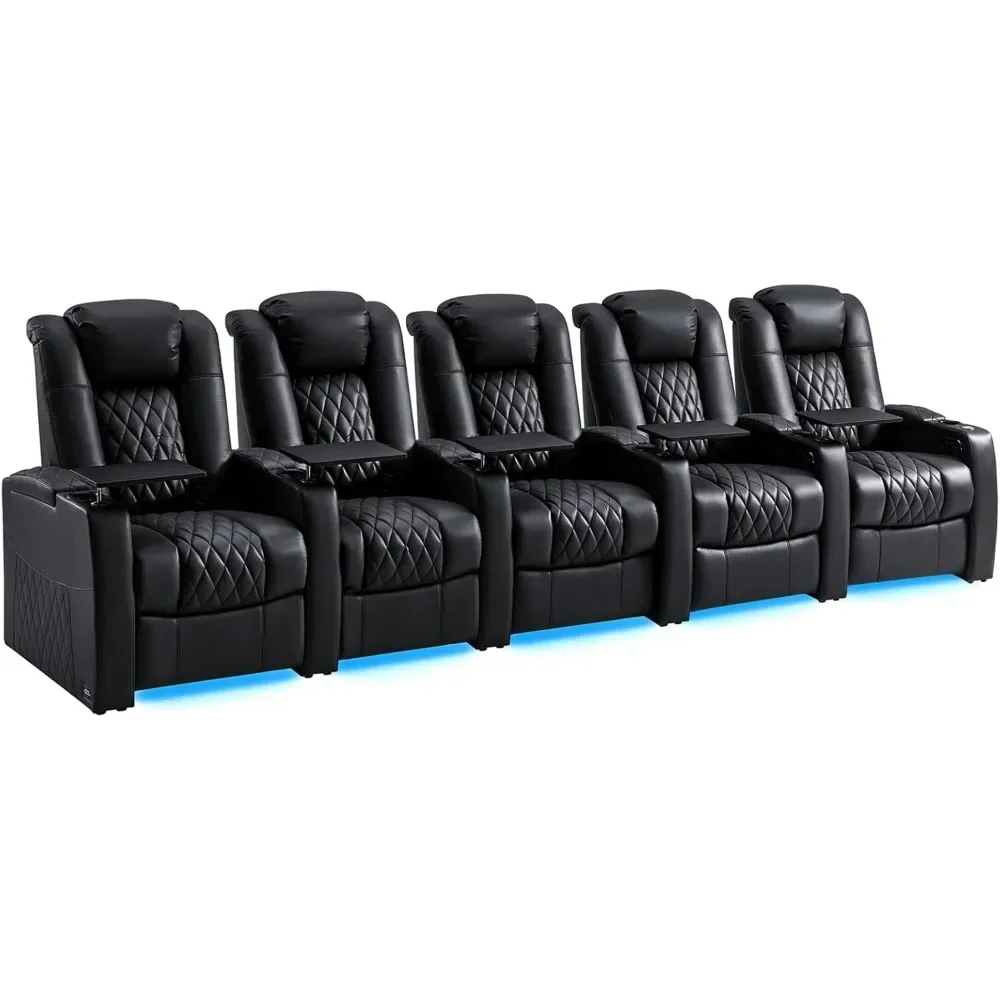 Reclining Sofas, Top Grain Nappa Leather Recliner Chairs Dual Power Electric Headrest with Tray Table Type-C USB, Movie Sofa