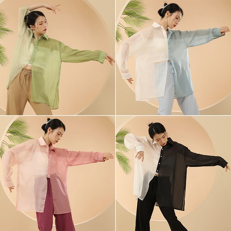 

Свободная прозрачная шифоновая рубашка, женские балетные костюмы, топы контрастного цвета, современные танцевальные тренировки, сексуальные летние топы с разрезом сзади для йоги