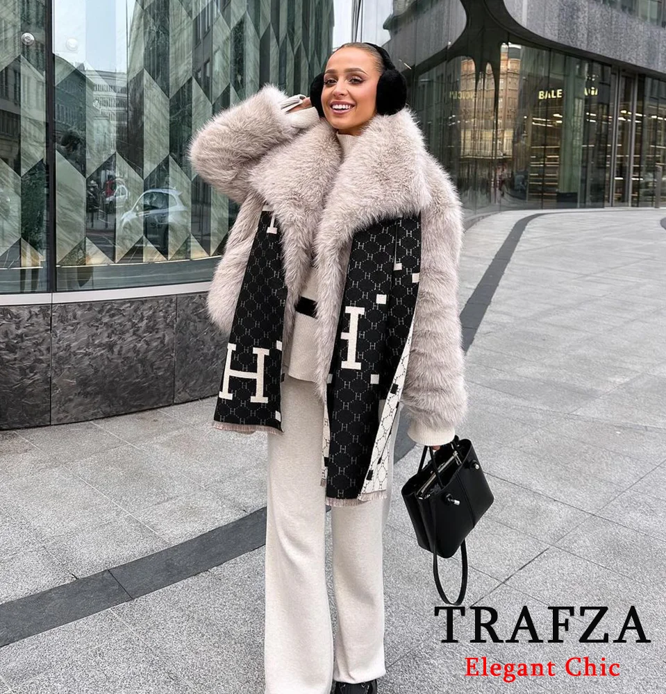 TRAFZA Fall Winter Faux Fur Coat for Women Soft-Touch Big Lapel Coat New 2024 Classic High Street Elegant Coat