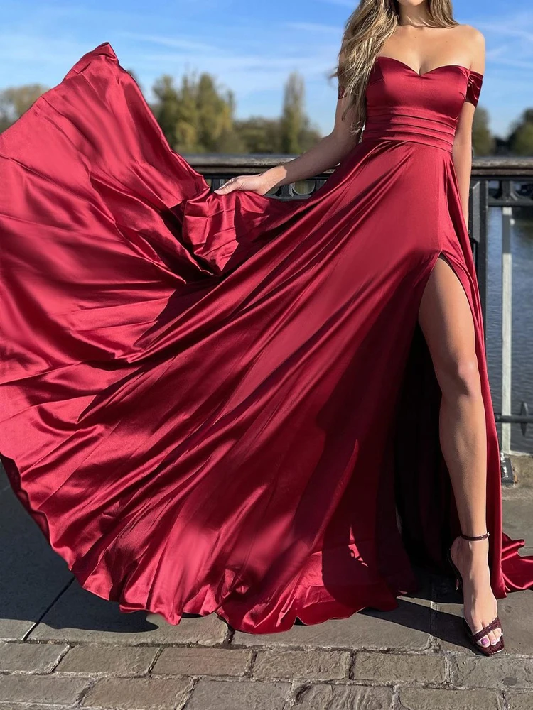 

Feminine Wedding Guests Sexy Charming Formal Evening Dress Slash Neck Backless High-waist Slimming Low-cut Slit Long Swing Dress