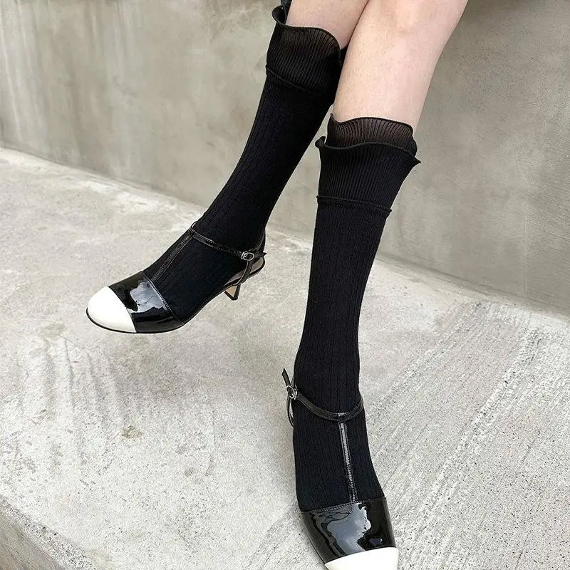 1 Pair Spring Summer Double Layered New 3D Ruffle Middle Tube Socks Ins Style Simplicity Solid Color Decorative Mid Tube Socks