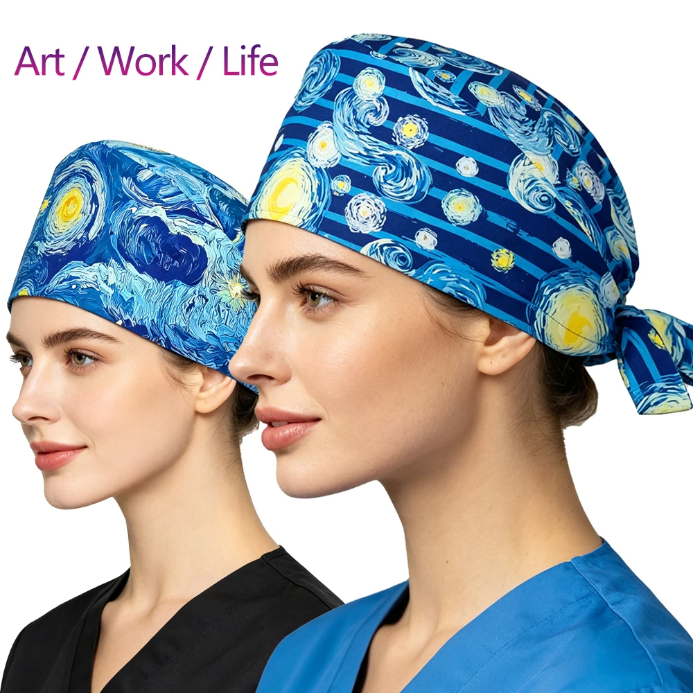Women Men Van Gogh Inspired Starry Night Scrub Cap Cotton Surgical Cap Adjustable Nurse Working Hat for Dentist Spa Vet