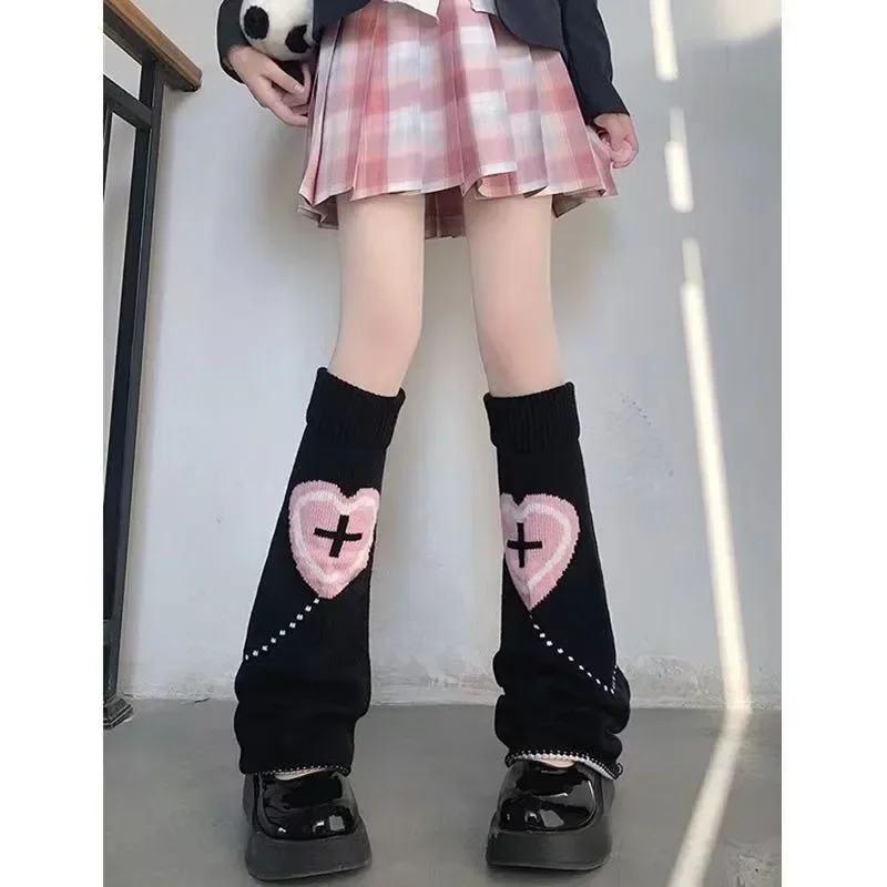 Two Side Wear Knitted Long Socks Reversible Leg Warmer Y2K Japanese Punk Streetwear Cross Boot Cover Harajuku Gothic Stockings