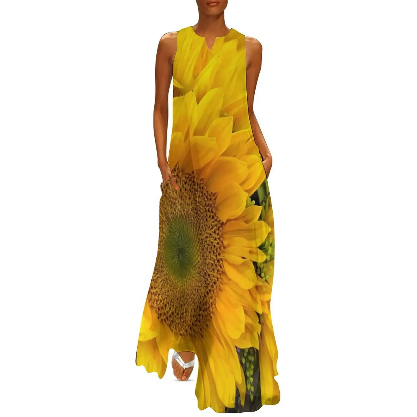 Happy Yellow Sunflowers Art Photo Long Dress african dresses for woman Clothing female