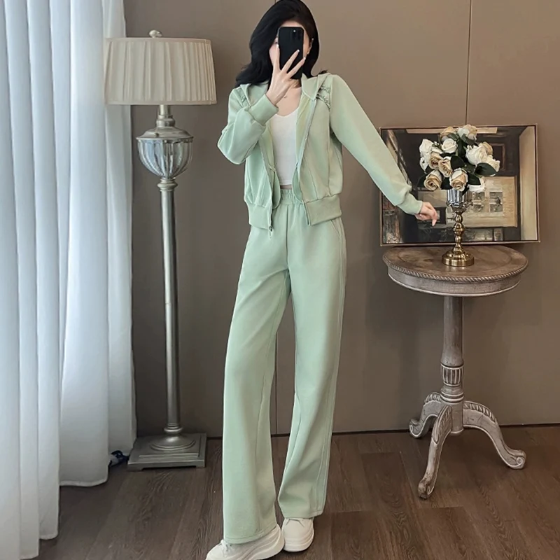 Green Casual Sportswear Set Women's Autumn Winter 2026 Fashion Anti-Aging Stylish Streetwear Sweatshirt Pants Two-Piece Set