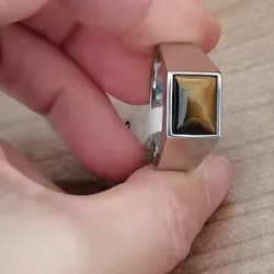 Classic Men's Square Natural Tiger Eye Stone Ring Simple Fashion Silver Color 316L Stainless Steel Engagement Jewelry for Men