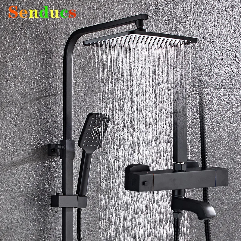 

Термостатический душевой набор для ванной комнаты, качественный латунный смеситель для ванной комнаты, аксессуары, насадка для тропического душа, черная термостатическая душевая система
