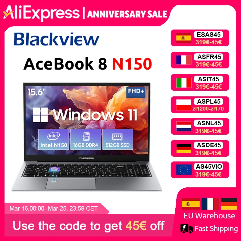 Blackview AceBook 8 Laptop 15.6" Procesador Intel N150 16GB RAM 512GB SSD + expansión hasta 1TB Windows 11 Home 15.6"