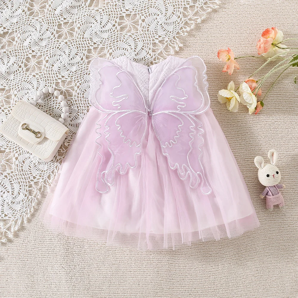 New Summer Baby Girls Dress Round Neck Zipper Bow Butterfly Machine Wings Back Sweet Princess Dress