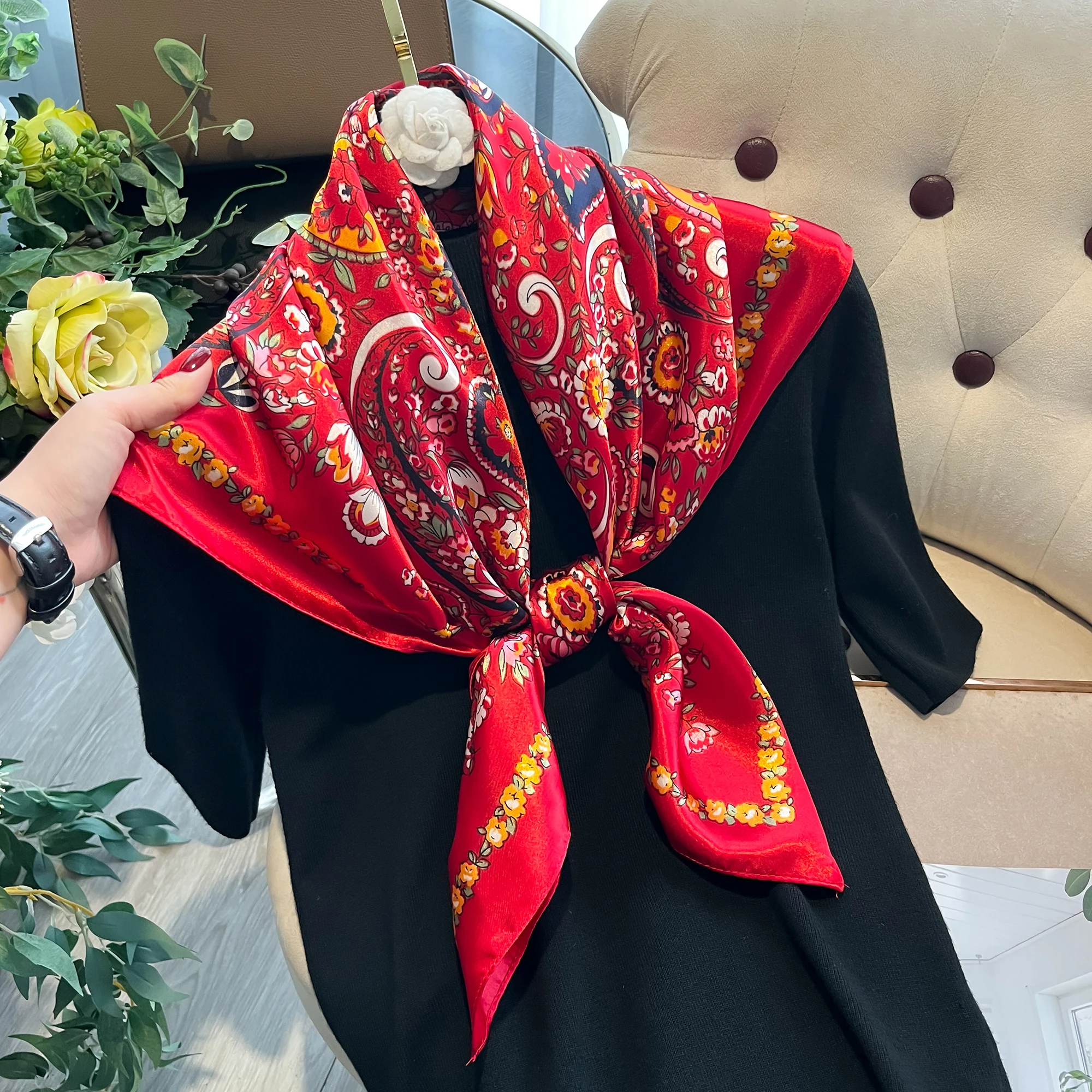 Luxury Silk Feeling Square Scarf Women 2024 New Print Satin Neckerchief Spring Hair Band Foulard Bandana Echarpe Tie Shawl Wraps