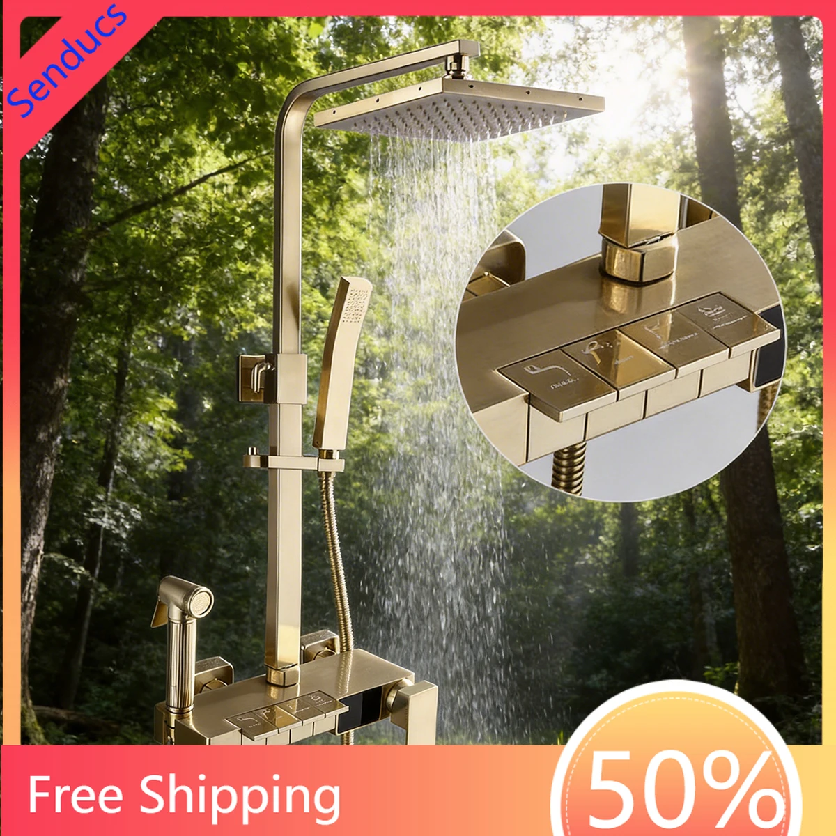 Brushed Gold Piano Digital Bathroom Shower Set Brass Rain Hot Cold Bathroom Faucet Head Thermostatic Piano Digital Shower System
