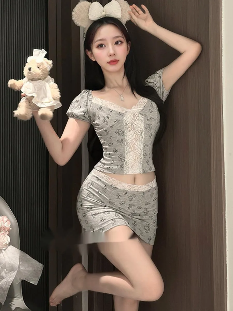 Pyjama Style français pour femmes, ensemble jupe Sexy en dentelle imprimée, manches courtes, moulant, vêtements de maison, charmant, P7LF