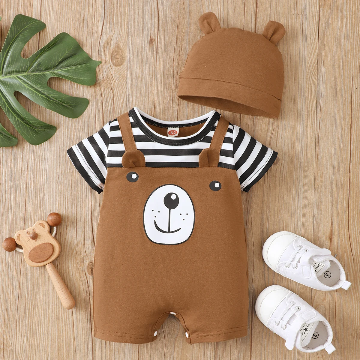 Newborn Baby Boy Clothes Infant Cute Bears Romper Retro Short Sleeves Print Bodysuit 2Pcs Toddler Baby Boy Jumpsuit Summer Plays